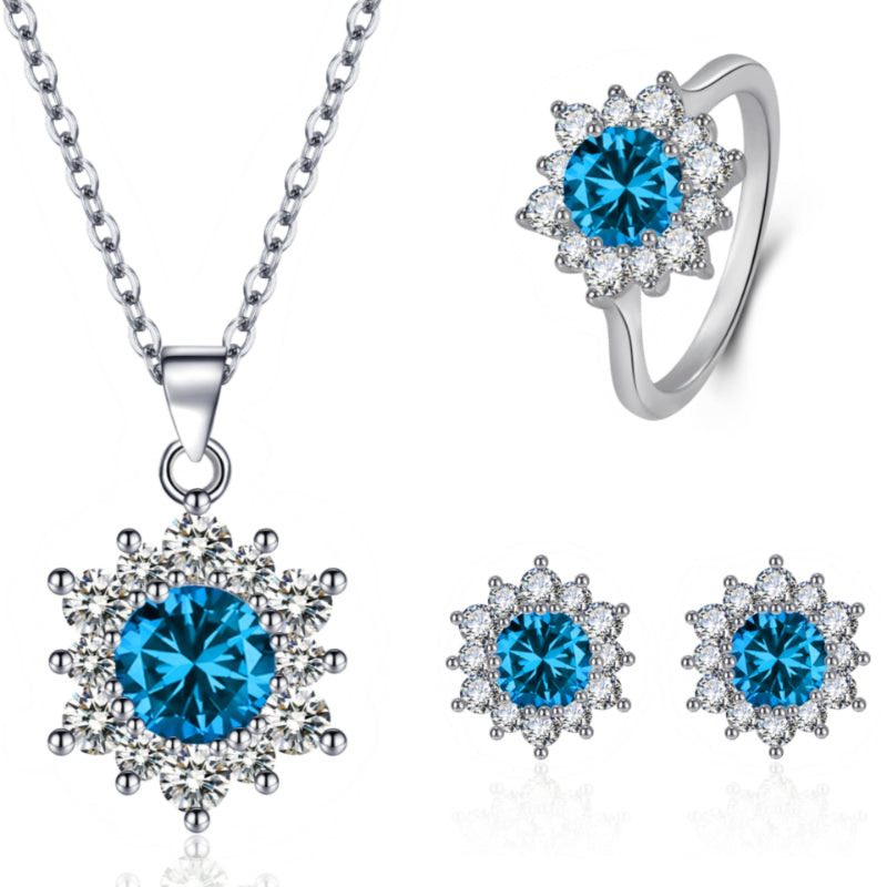 Elegant Full-diamond Snowflake Stud Earrings Pendant Necklace And Ring Jewelry Set