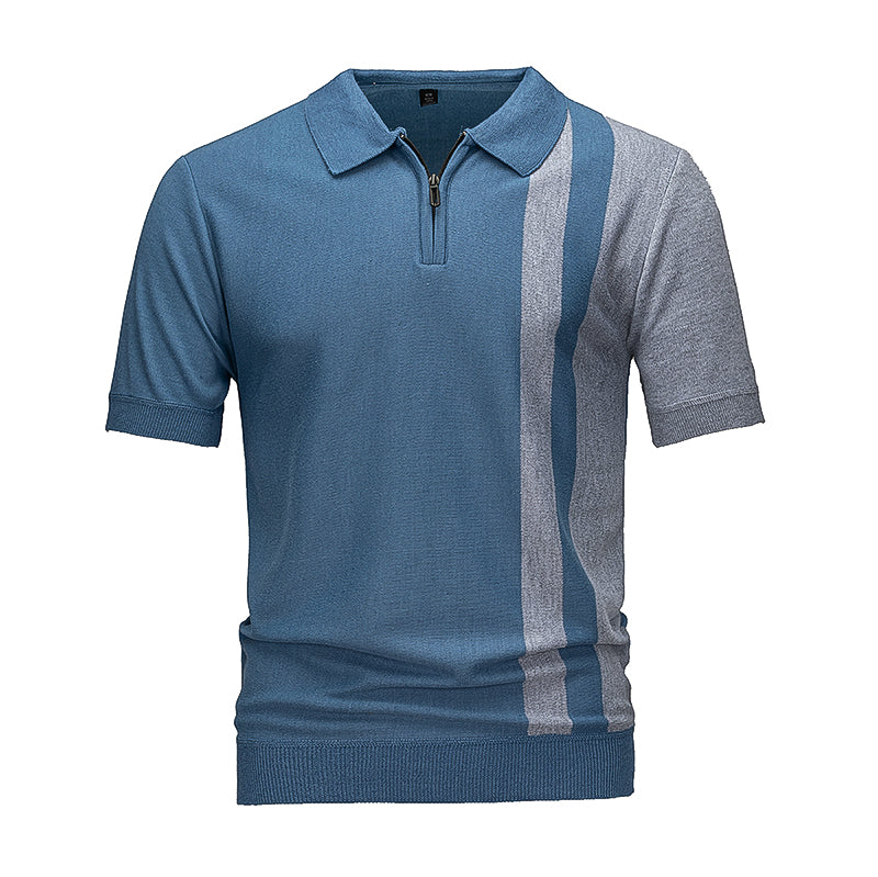 Men's Color Block Half-Zip Knit Polo Shirt, Navy & White Vertical Stripe Short Sleeve Top
