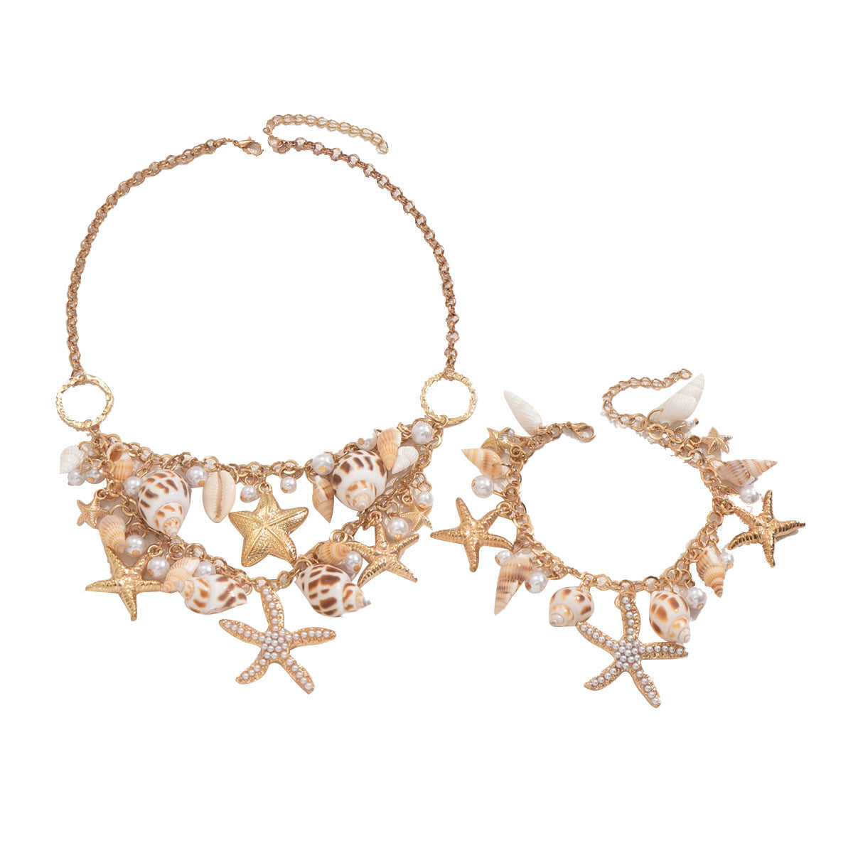 Cross-border European American Ocean Style Women Jewelry Set, Unique Starfish & Shell Inlaid Pearl Design Matching Necklace & Bracelet Accessories