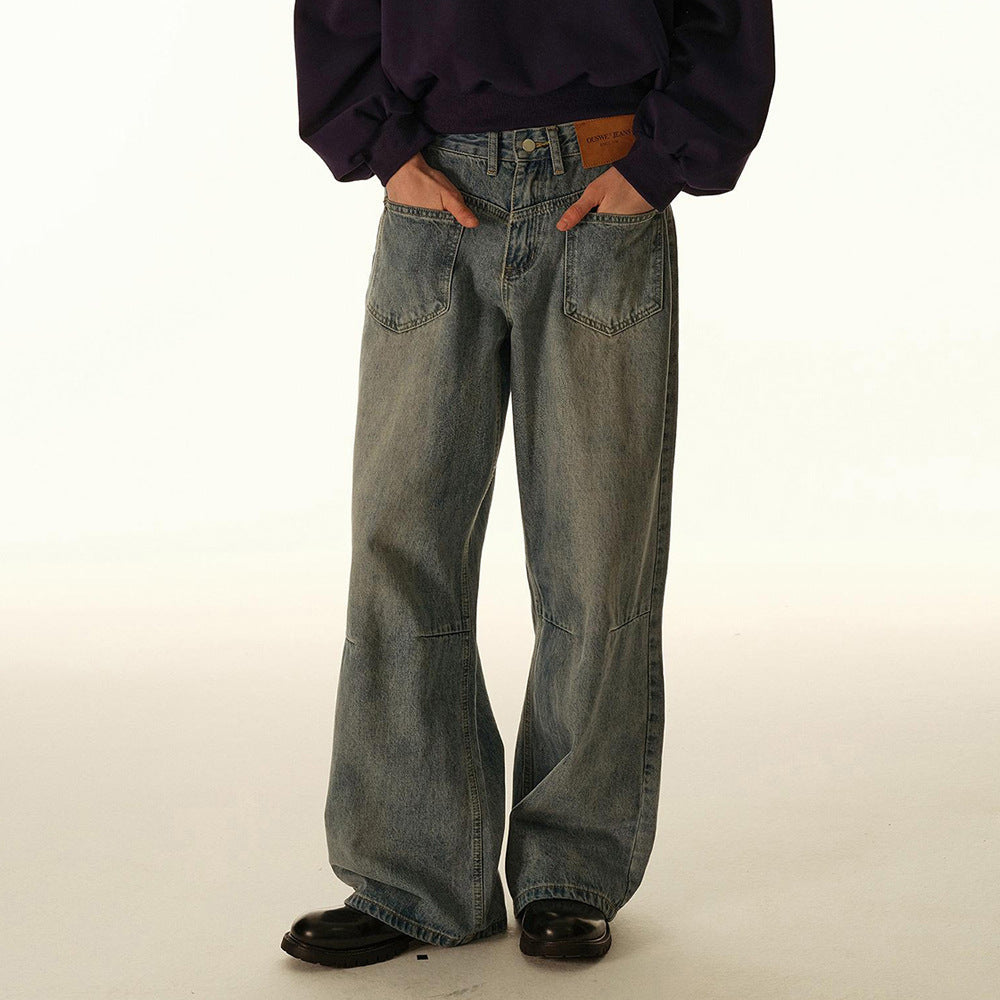 Men's American-style Vintage Washed Patchwork Reverse-wear Denim Jeans