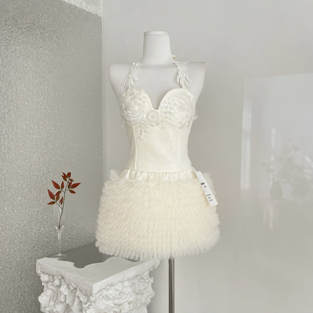 Lace Heavy Embellished Mesh Beaded Sequin Top & Skirt Set Women's Two-Piece