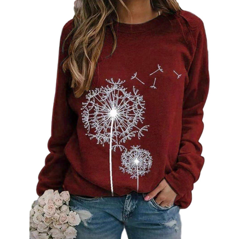 Womens Dandelion-Print Crew-Neck Long-Sleeve Loose Casual Sweatshirt