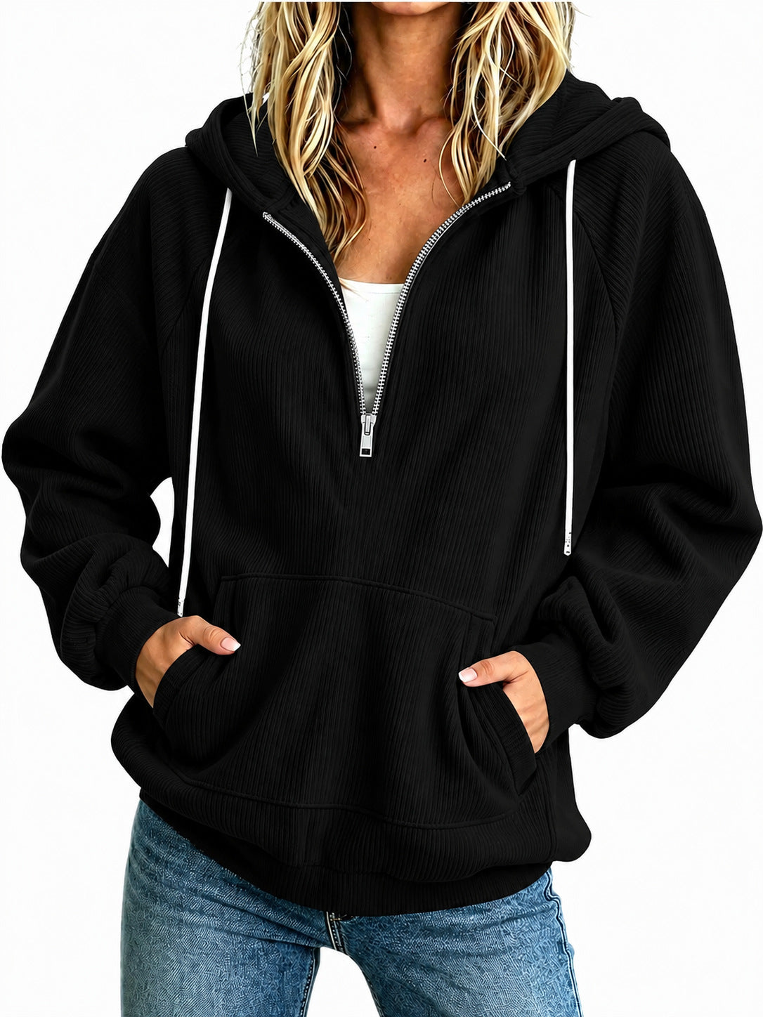 Womens Loose-fit Long-sleeve Half-zip Hooded Sweatshirt