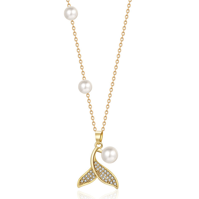 Dainty Mermaid Tail Pearl Necklace For Women, Shell Inlay Adjustable Collarbone Chain, Elegant Long Sweater Chain Ocean Fashion Jewelry