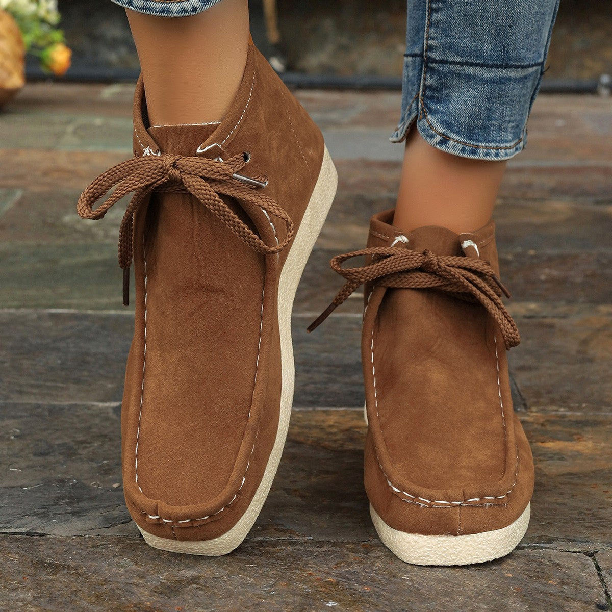 Stitched-detail Round-toe Lace-up British-style Ankle Boots For Women With A Hidden Heel