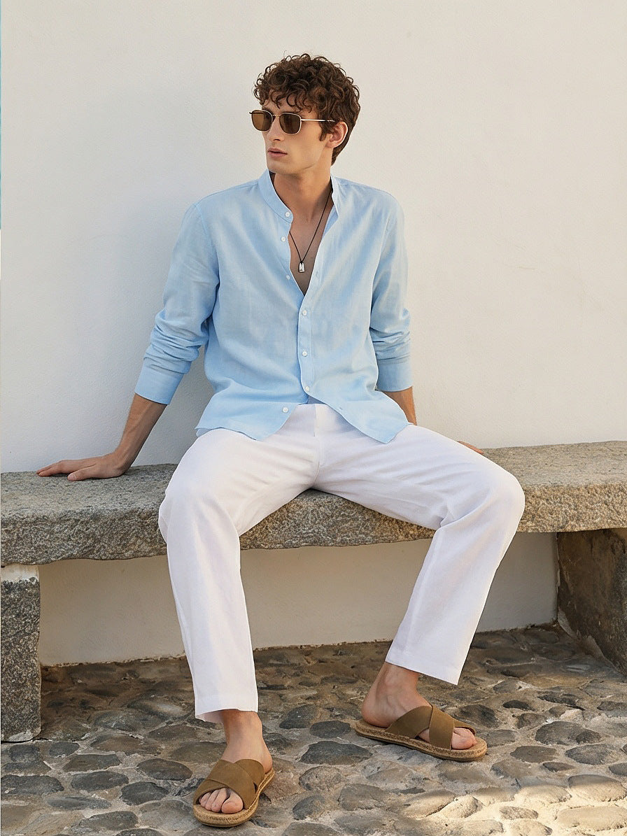 Italian Neapolitan Luxury Pure Natural Linen Mens Long Sleeve Shirt