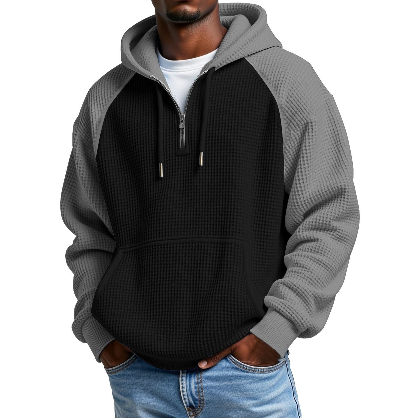 Color-block Waffle-knit Long-sleeve Hooded Jacket