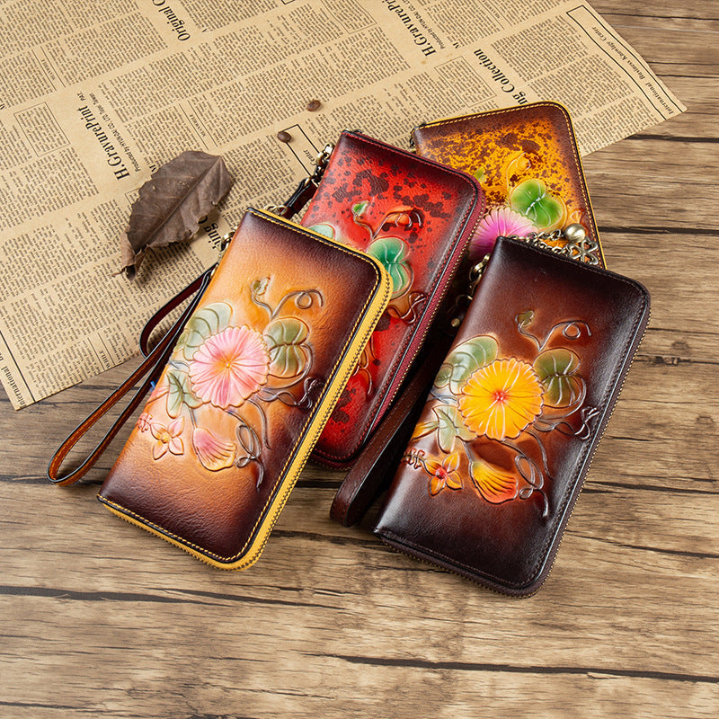 Genuine Leather Long Wallet Bag Hand-Painted Finish Zipper Closure Full-Grain Cowhide Clutch