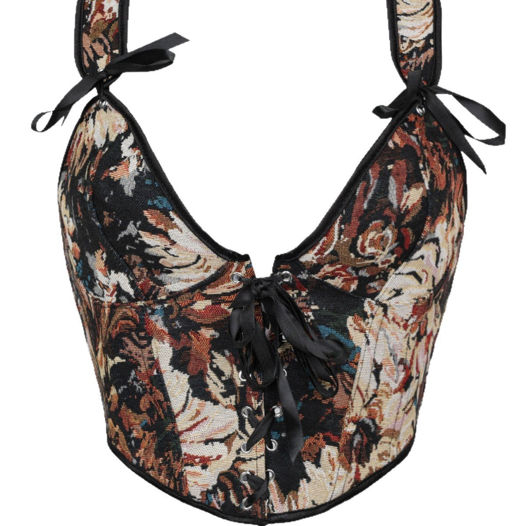 New French-style Oil Painting Inspired Front-tie Fishbone Waist Cincher