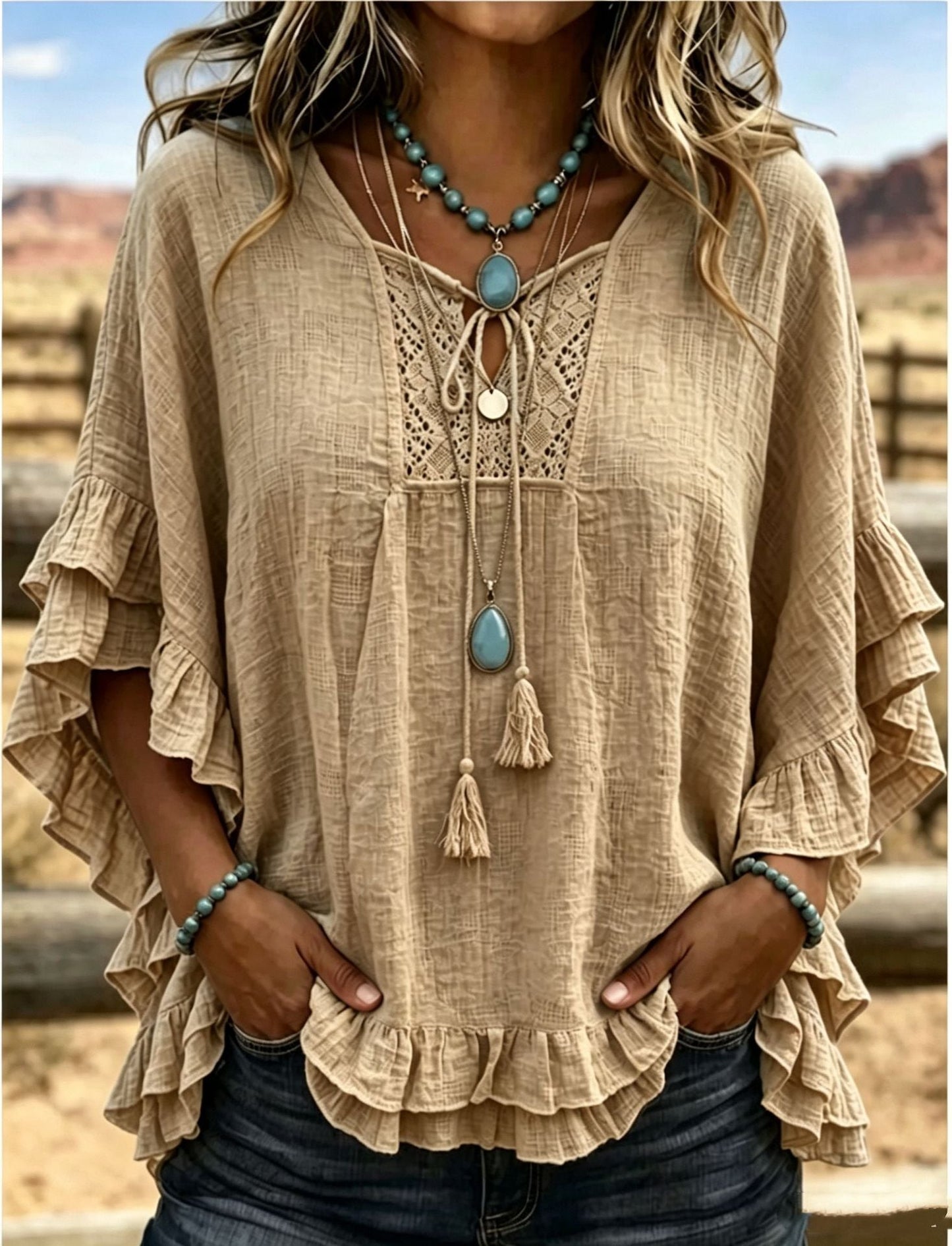 Women's Boho V-Neck Lace-Up Ruffle Sleeve Blouse – Lace Trim