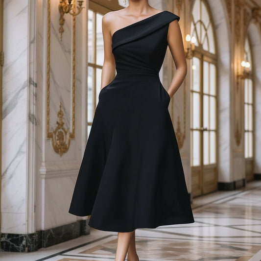 Women's Off-Shoulder Swing Dress – Solid Color Flowy Midi