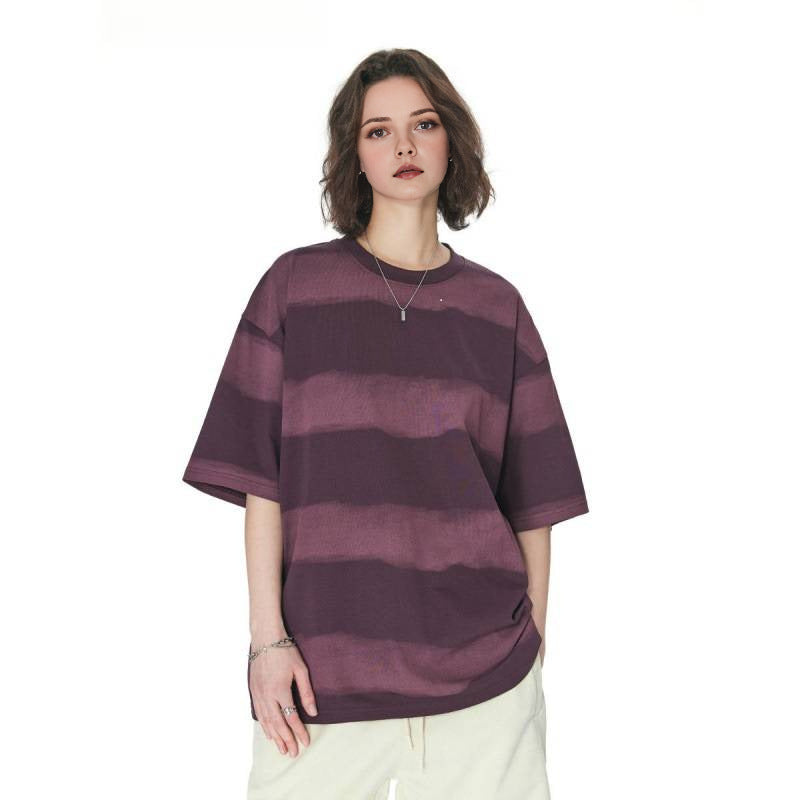 Tie-dye Washed Striped Short-Sleeve Mens Cotton T-Shirt