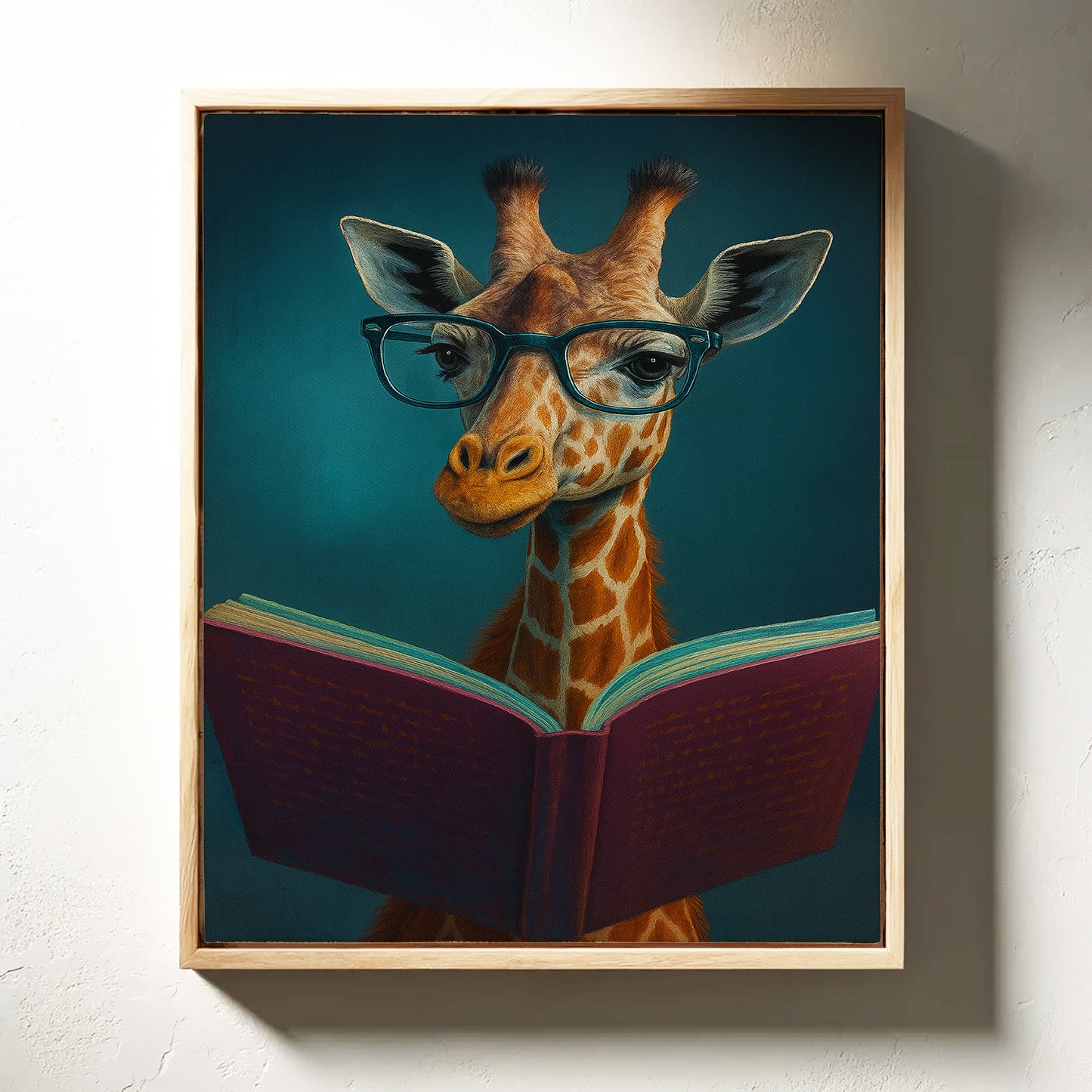 Girafe à lunettes lisant un livre