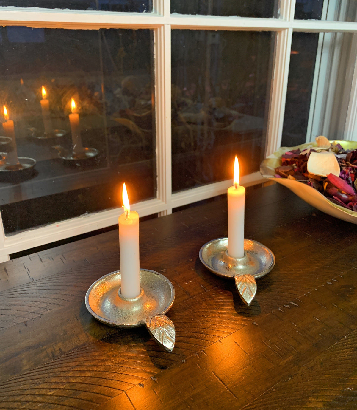 Vibhsa Taper Candlestick Holder Dish | Silver Finish, Leaf Handle, Handcrafted Aluminum