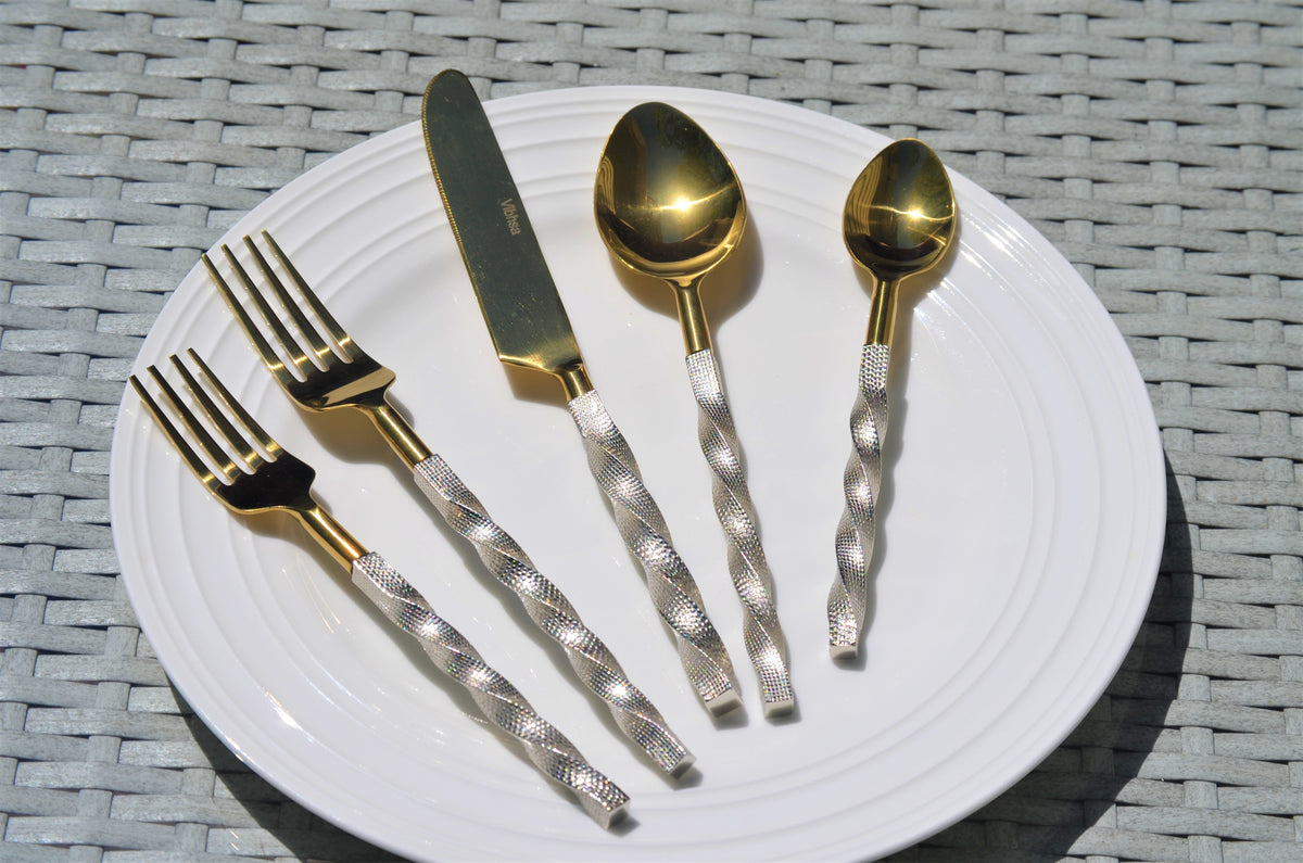 Gold Stainless Steel Flatware Set of 5 PC (Twisted)