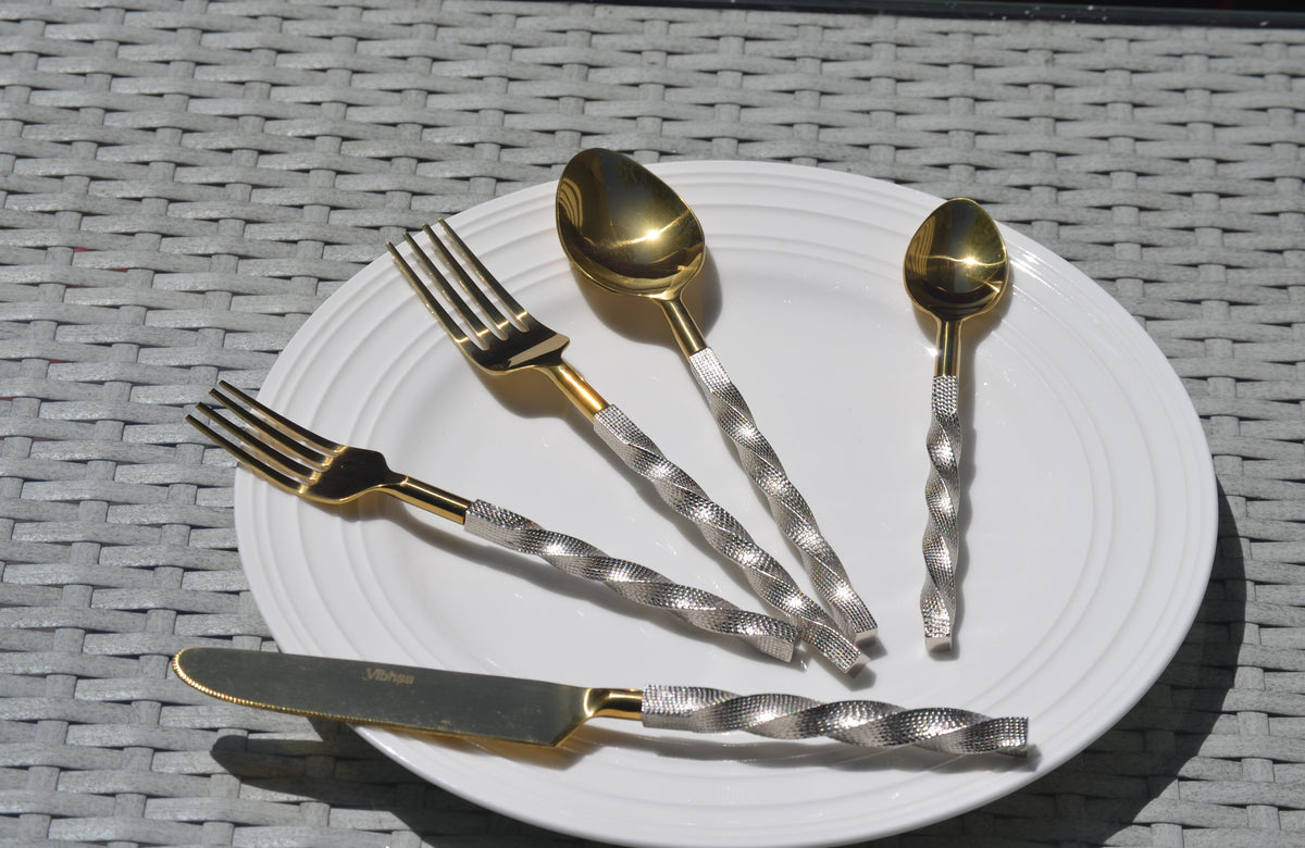 Gold Stainless Steel Flatware Set of 5 PC (Twisted)