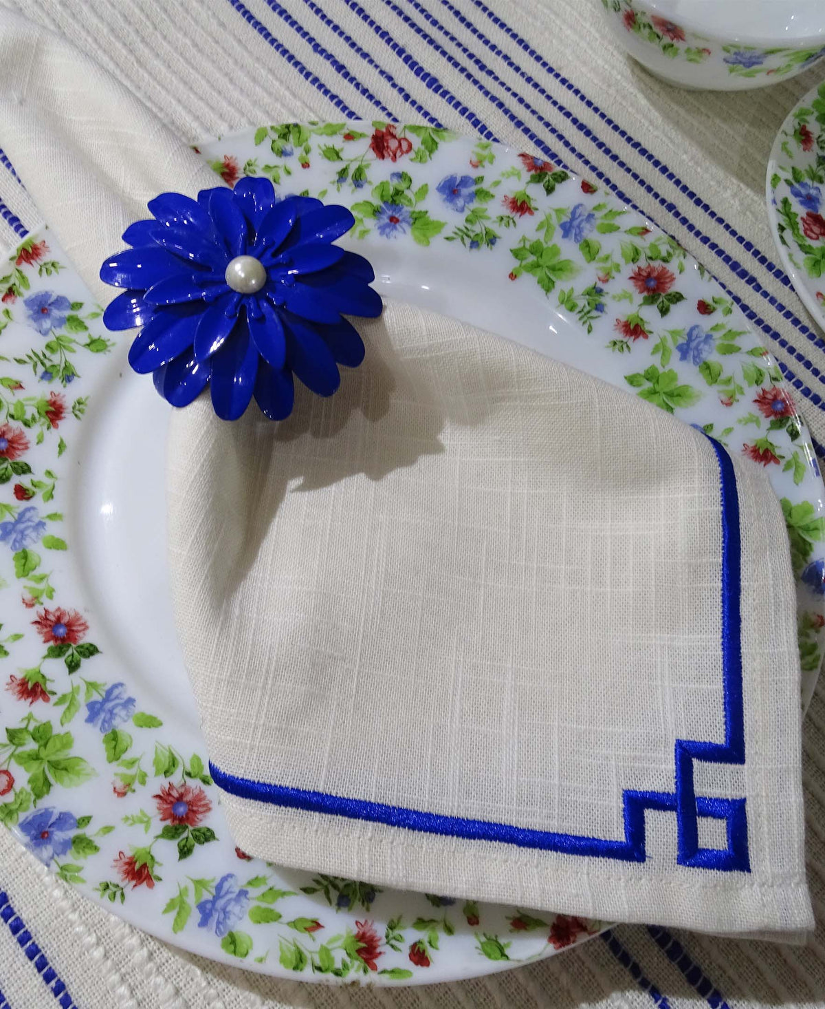 Vibhsa Cotton Table Napkins | Set of 4, Blue Embroidery, 20"x20"