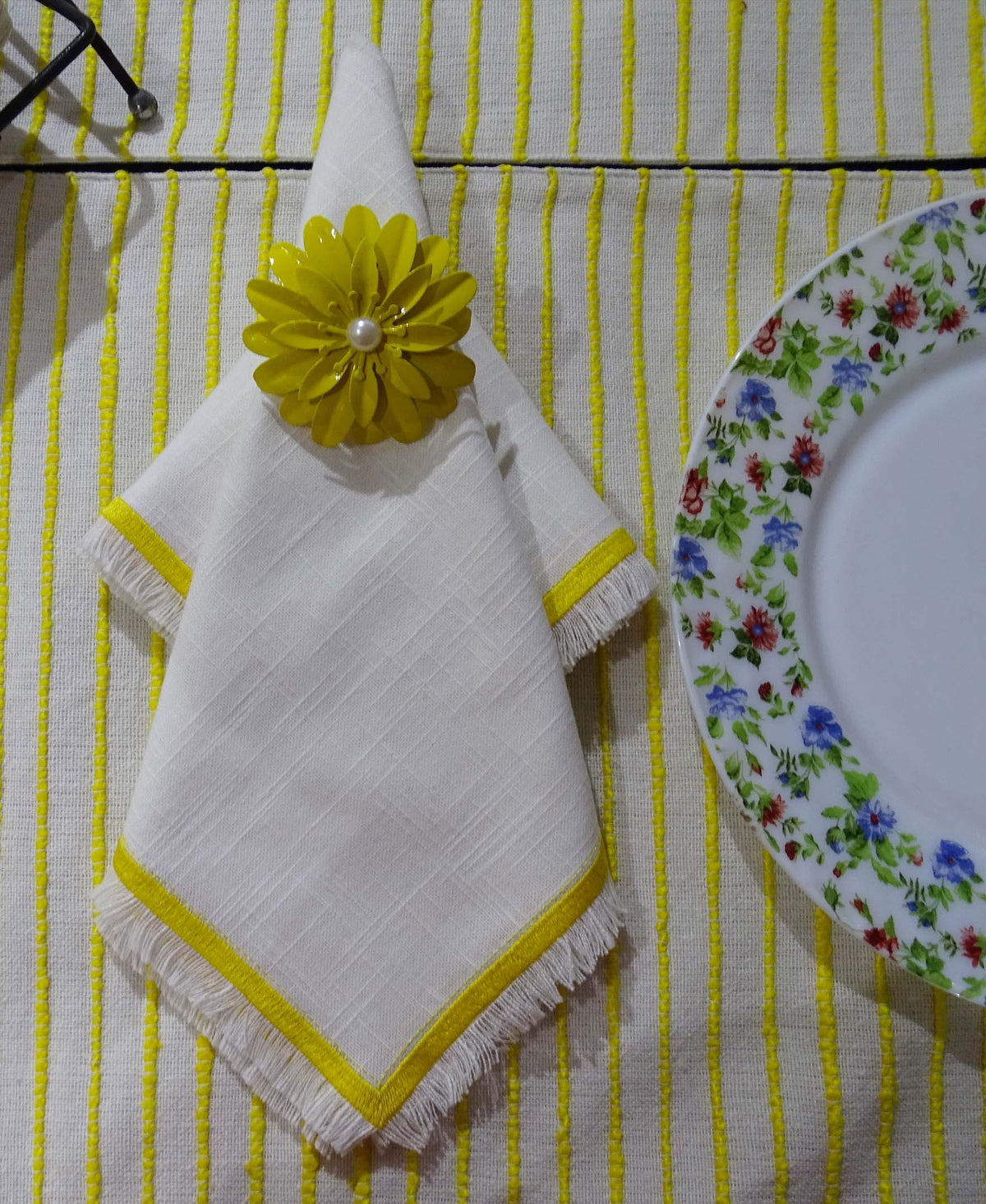 Vibhsa Cotton Table Napkins | Set of 4, Yellow Embroidery, 20"x20"