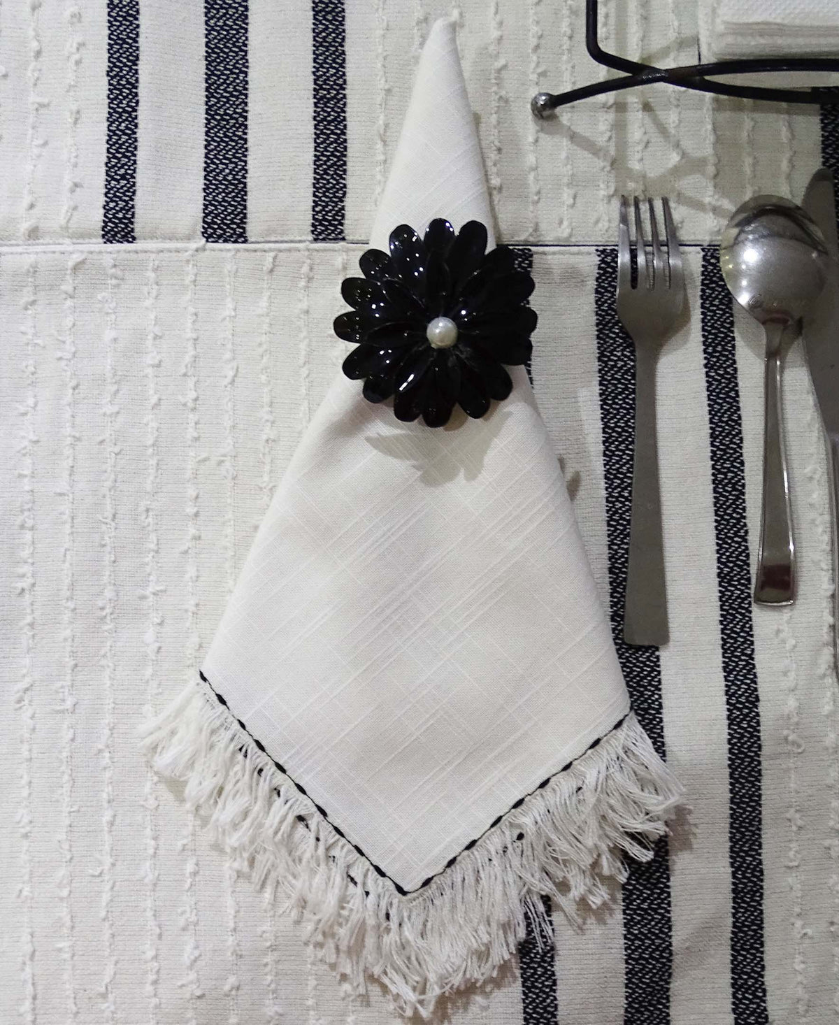 Vibhsa Cotton Table Napkins | Set of 4, Black Embroidery, 20"x20"