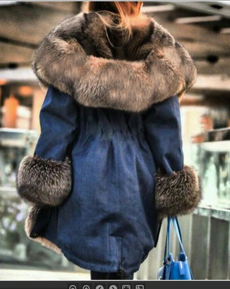 Faux Crystal Fox Fur Collar Fur Collar Hooded Jacket