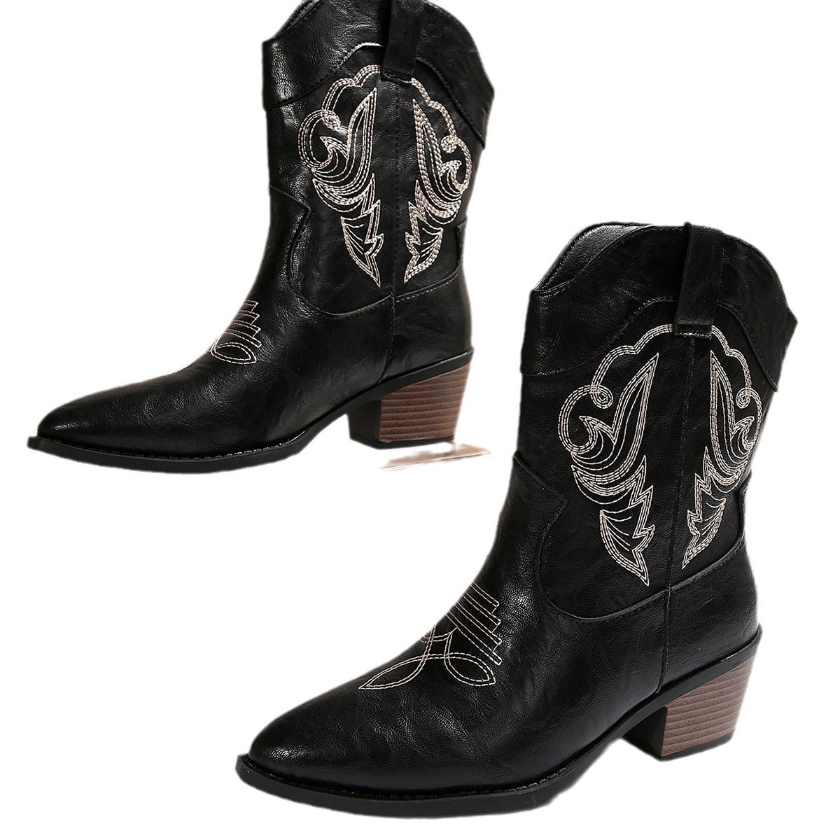 Western Cowboy Embroidered Chunky Heel Versatile Mid-calf Vintage Boots