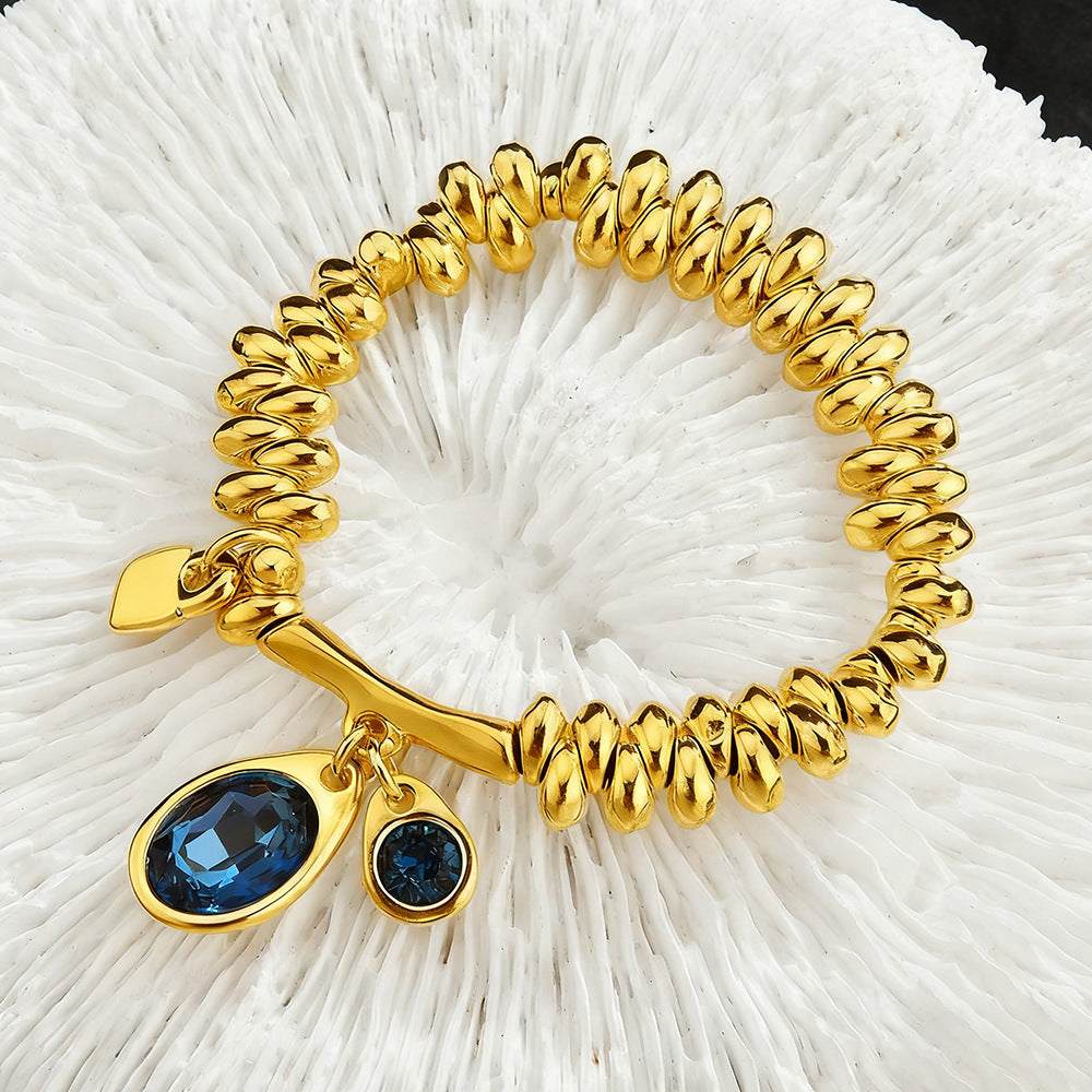 Twisted Gold Bead Blue Zircon Charm Bracelet For Women, Oval & Round Ocean Blue Cubic Zirconia Dainty Luxury Fashion Jewelry