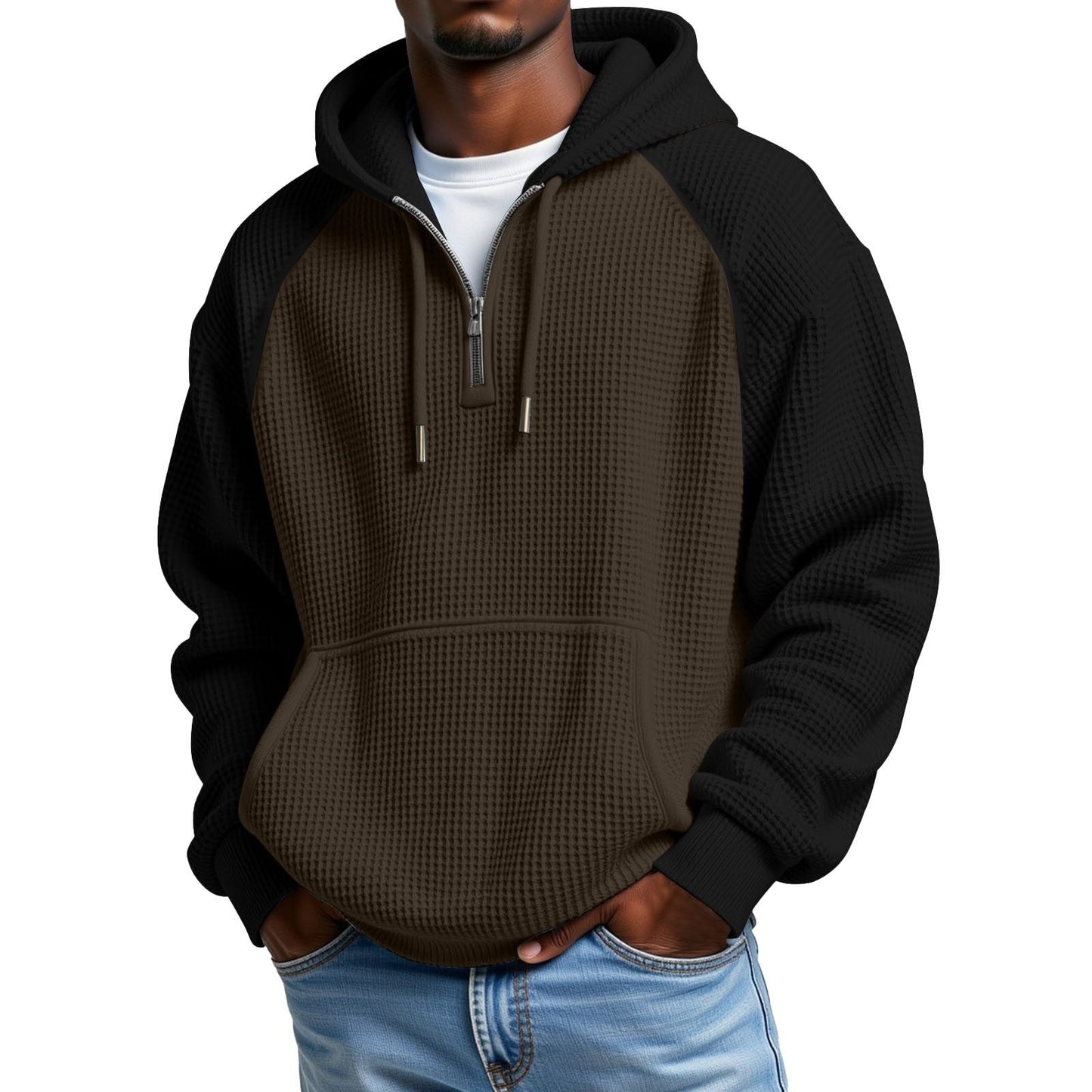 Color-block Waffle-knit Long-sleeve Hooded Jacket