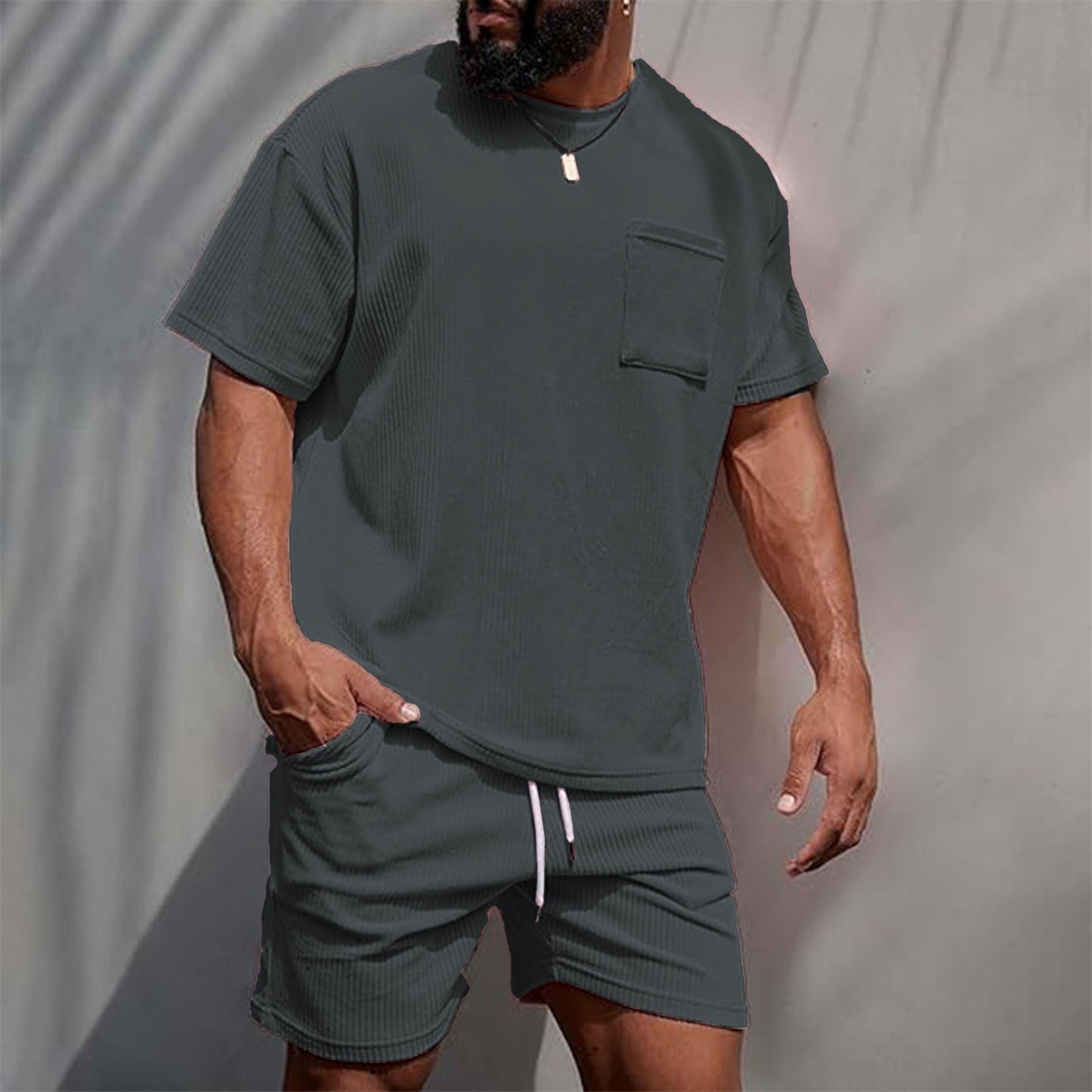 Mens Corduroy Casual Crew-Neck Shorts Set