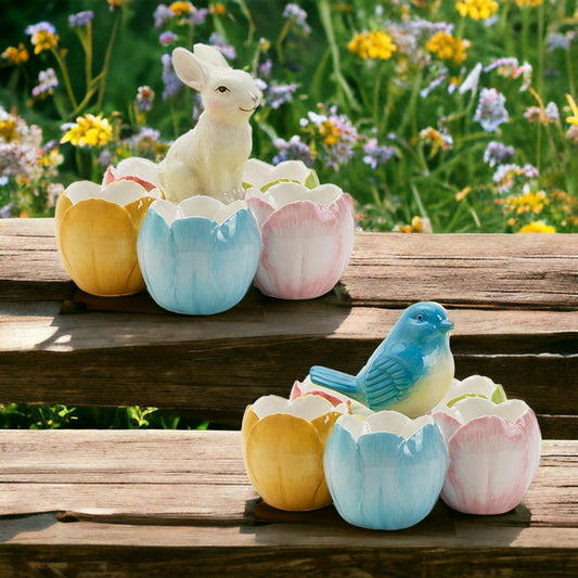 Pastel Easter Tidbit Dish Dolomite Bunny Or Bird 7in Spring Table Decor