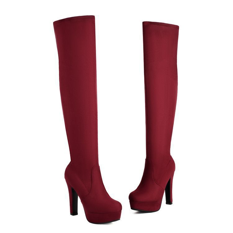 Womens Round-toe Chunky High-heeled Solid-color Side-zip Long Boots