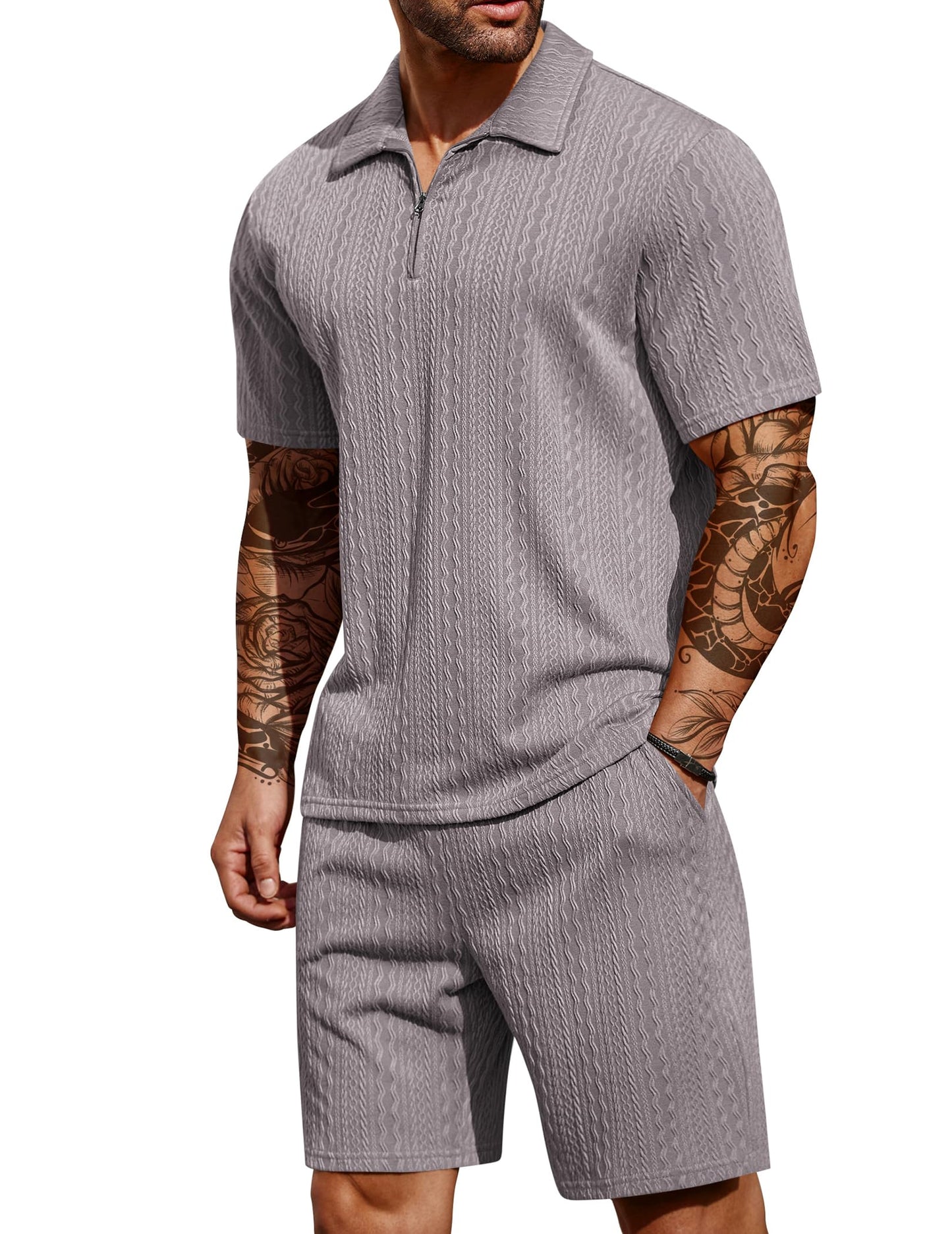 COOFANDY Men's 2 Pieces Outfits Casual Quarter Zip Polo Shirt and Shorts Set Athletic Jogging Summer Tracksuit