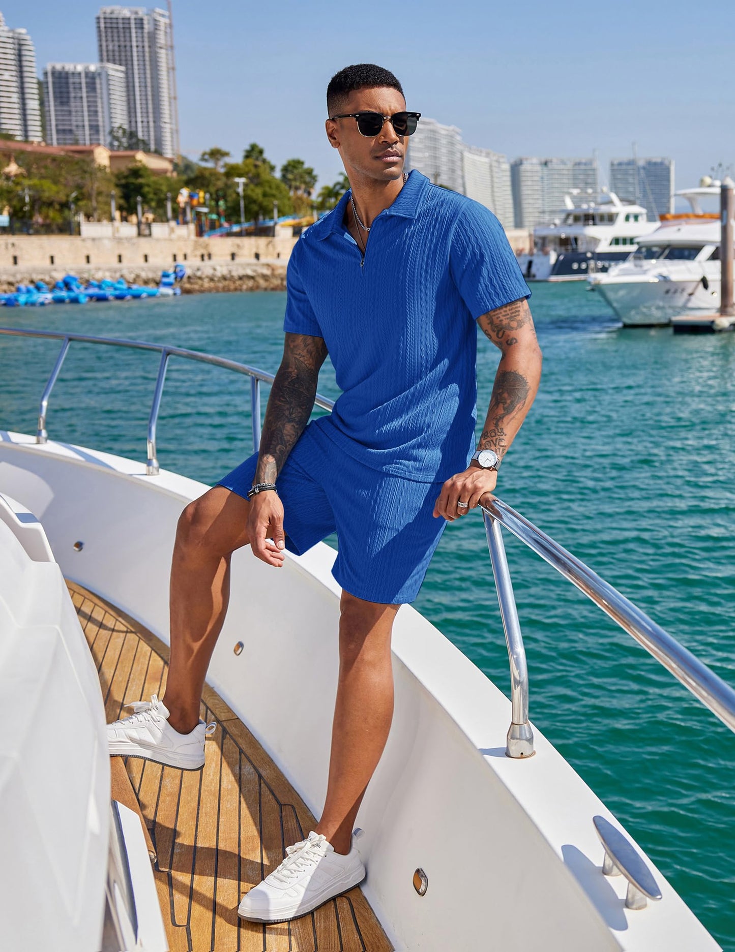 COOFANDY Men's 2 Pieces Outfits Casual Quarter Zip Polo Shirt and Shorts Set Athletic Jogging Summer Tracksuit