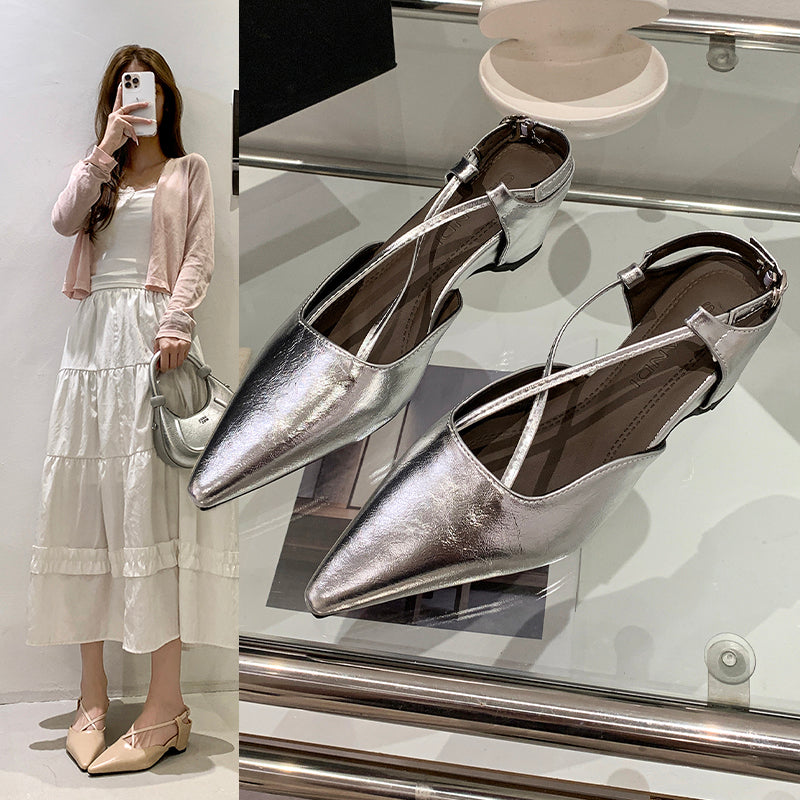 2026 Summer New French Pointed Toe Cross Strap Closed Toe Sandals, Elegant Versatile Wedge Heel Back Strap Commuter Sandals For Women