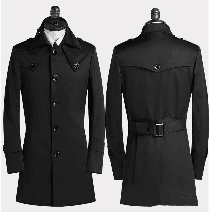 Men's Lapel Trench Coat Korean Version Slim Single Breasted Medium Length