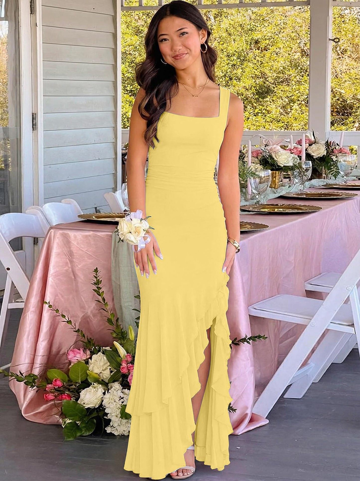 BORIFLORS Women's Elegant Bodycon Ruched Maxi Cocktail Dress Mesh Sleeveless Mermaid Ruffle Beach Wedding Guest Long Dresses