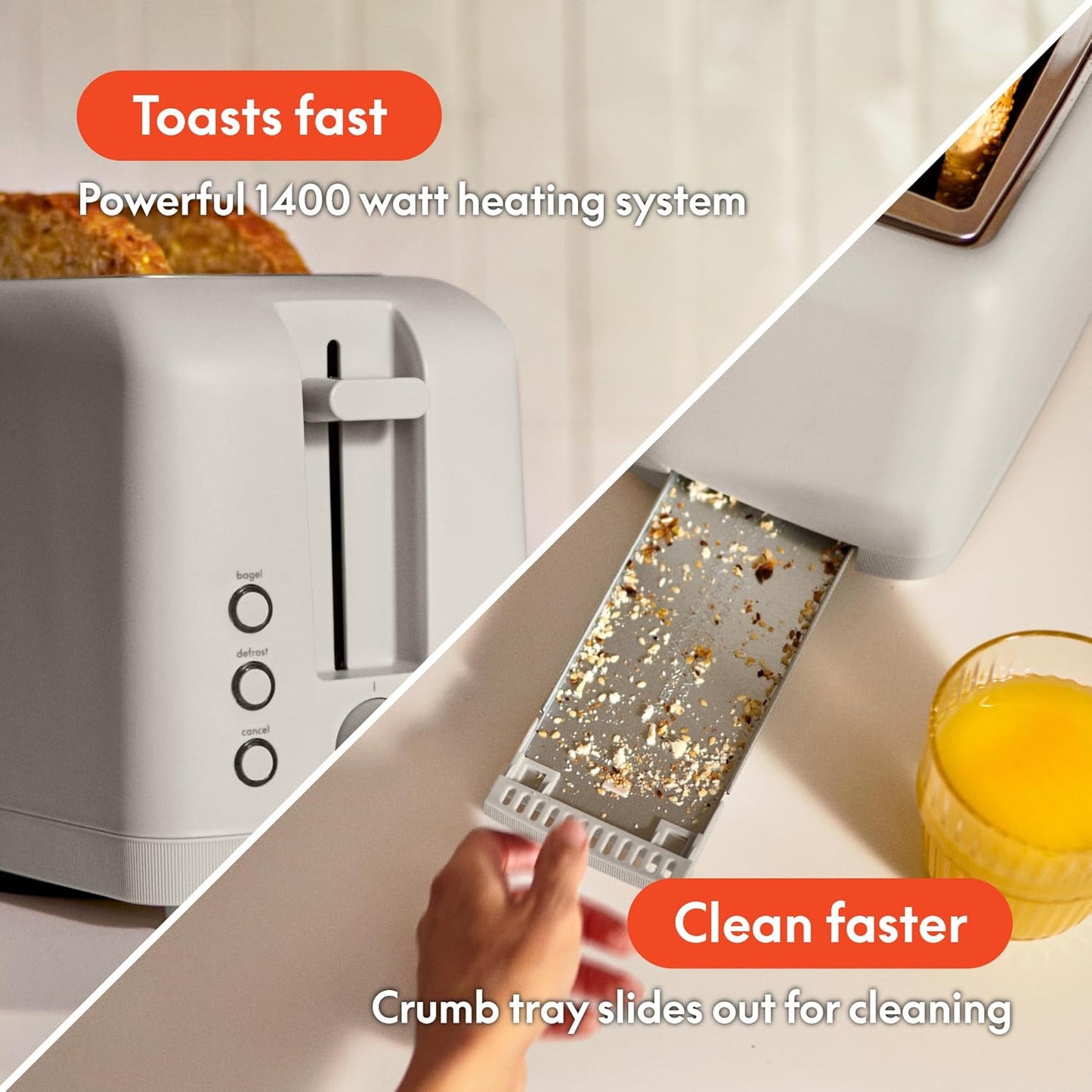 bella 2 Slice Slim Toaster, Fits-anywhere™ Kitchenware, 6 Setting Shade Control with Reheat & Cancel Buttons, Fits sourdough, 10” Long Slot, Anti Jam & Auto Shutoff, 900 Watt, Oatmilk