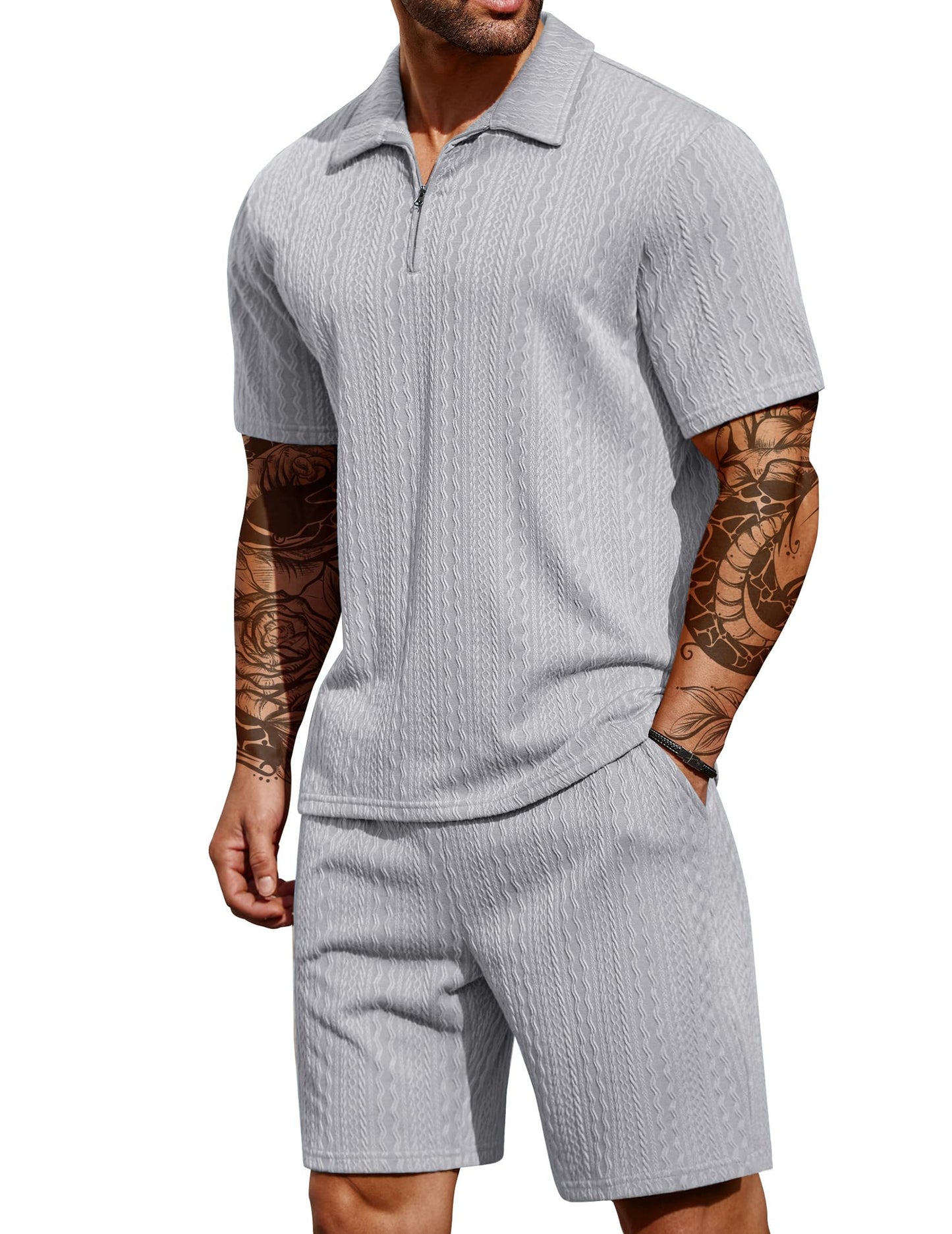 COOFANDY Men's 2 Pieces Outfits Casual Quarter Zip Polo Shirt and Shorts Set Athletic Jogging Summer Tracksuit