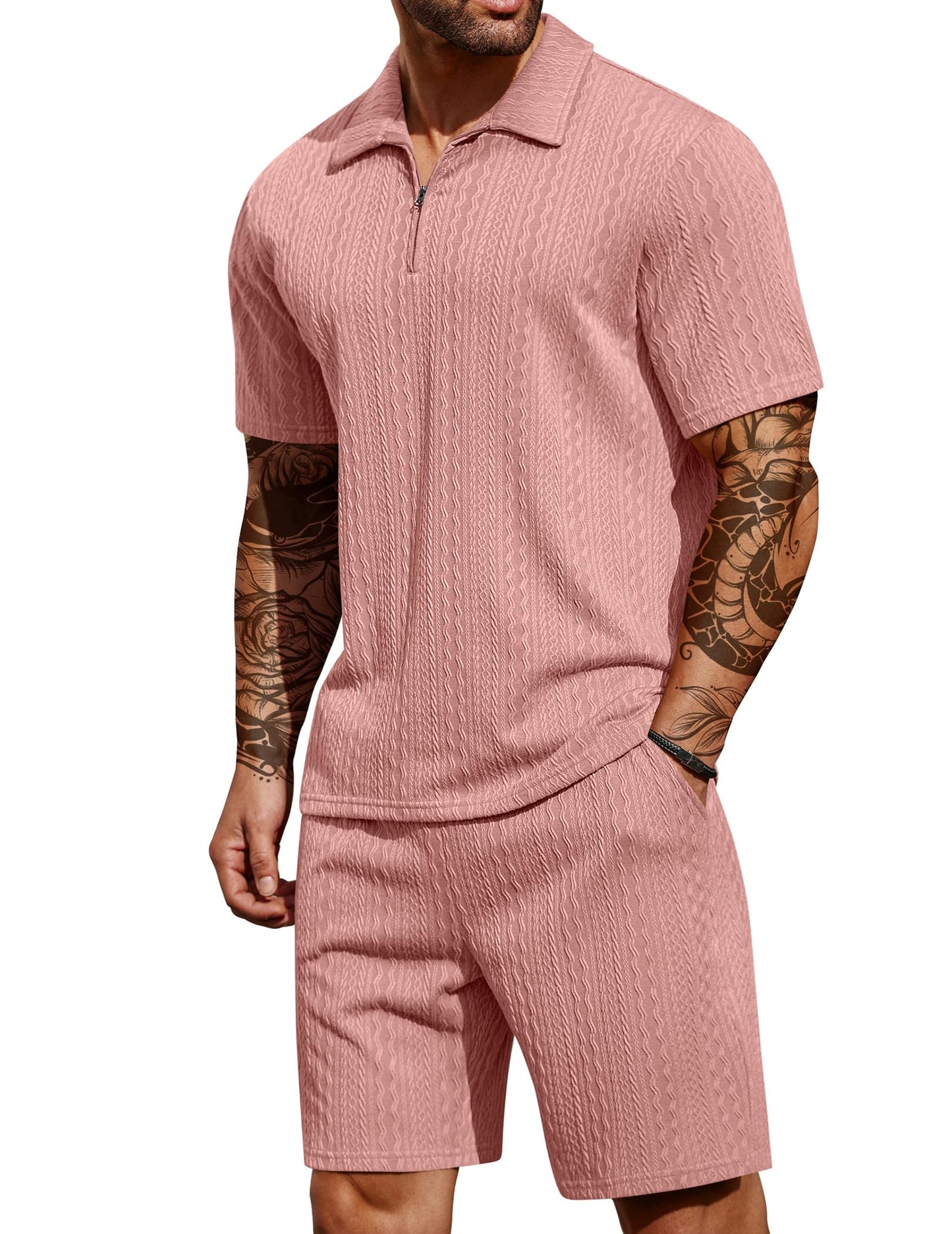 COOFANDY Men's 2 Pieces Outfits Casual Quarter Zip Polo Shirt and Shorts Set Athletic Jogging Summer Tracksuit