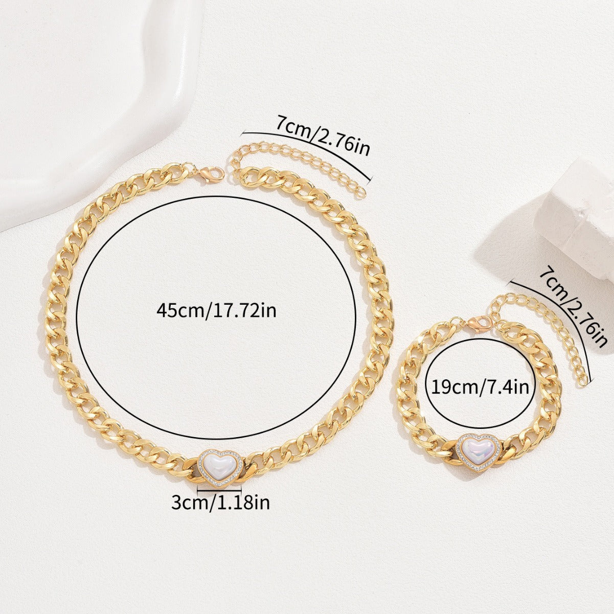 Fashion Hip Hop Women Jewelry Set Cross-border European American Style, Niche Heart Design Inlaid Cubic Zirconia, Matching Clavicle Chain & Bracelet