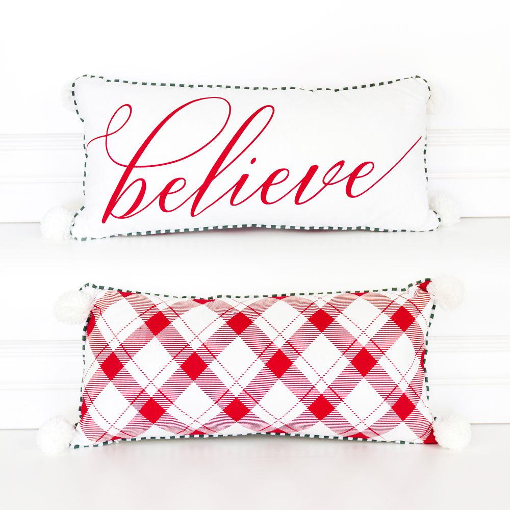 Grand coussin de Noël rouge – Coussin décoratif de Noël « Believe », rouge et blanc, qualité supérieure