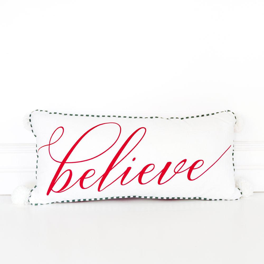 Grand coussin de Noël rouge – Coussin décoratif de Noël « Believe », rouge et blanc, qualité supérieure