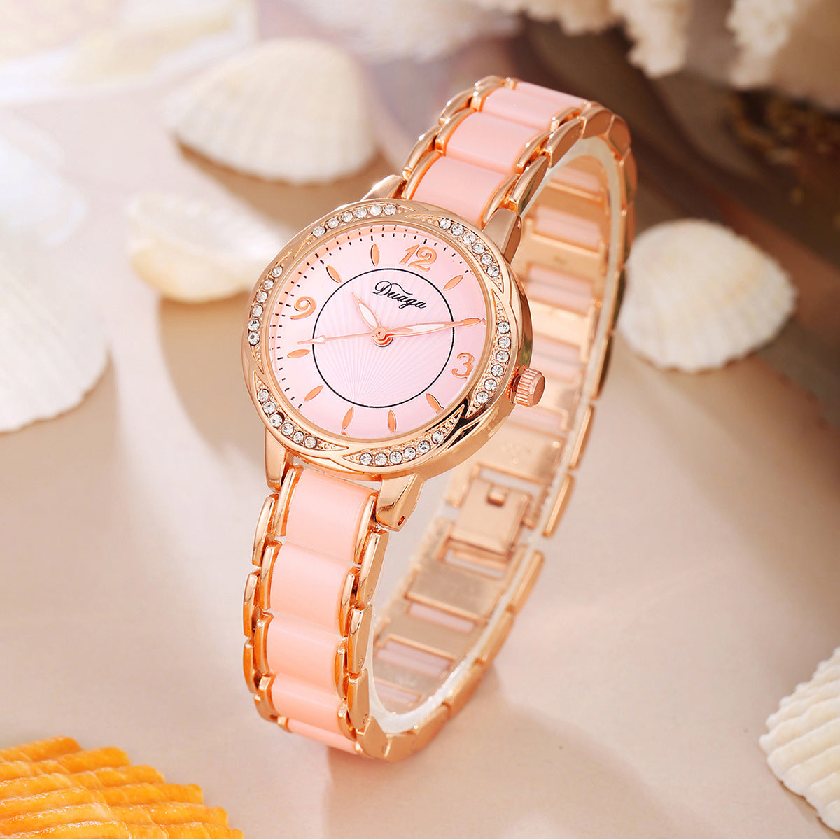 Elegant Lace-Trimmed Round Diamond-Encrusted Quartz Watch