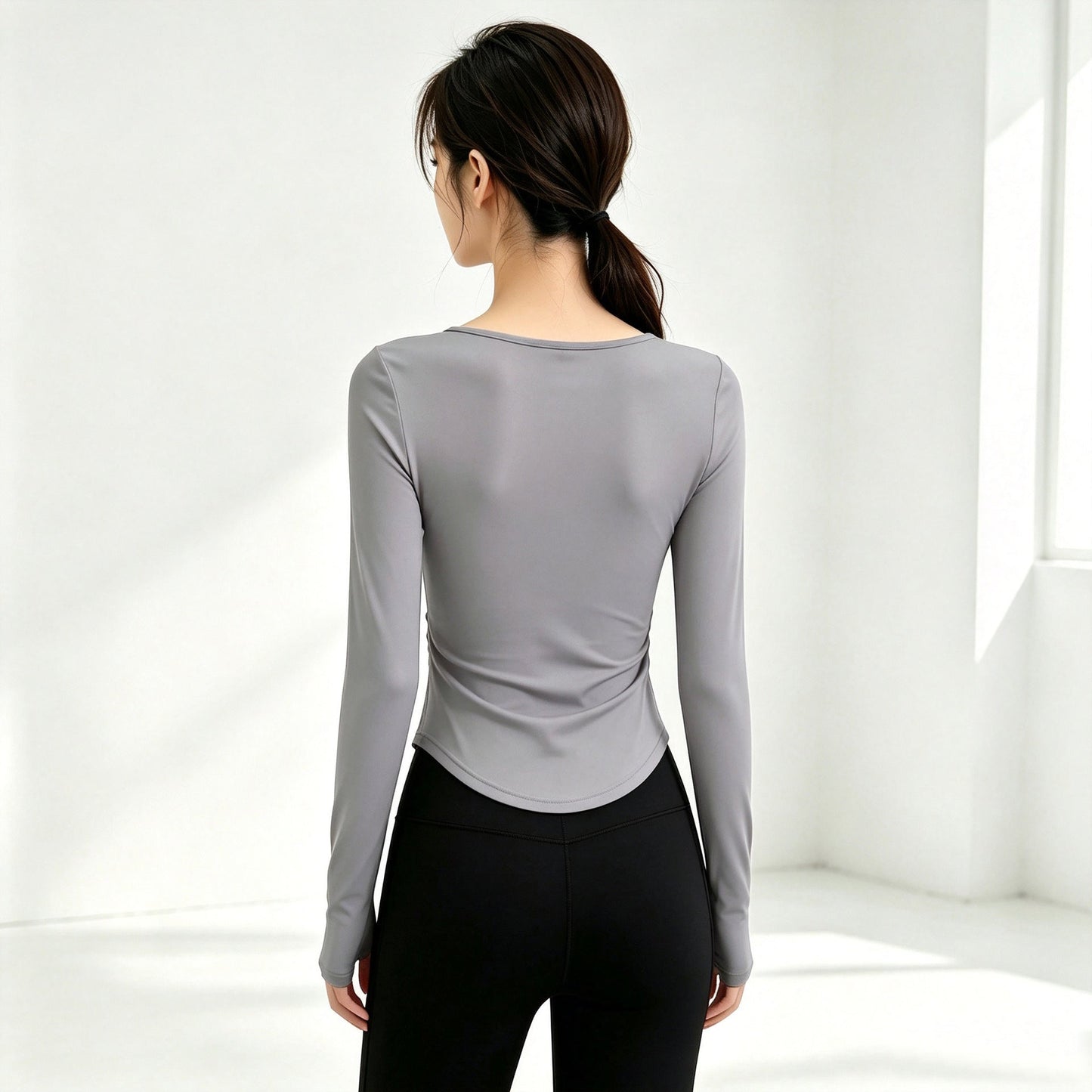 Small V-neck Pleated-waist Long-sleeve Womens Top