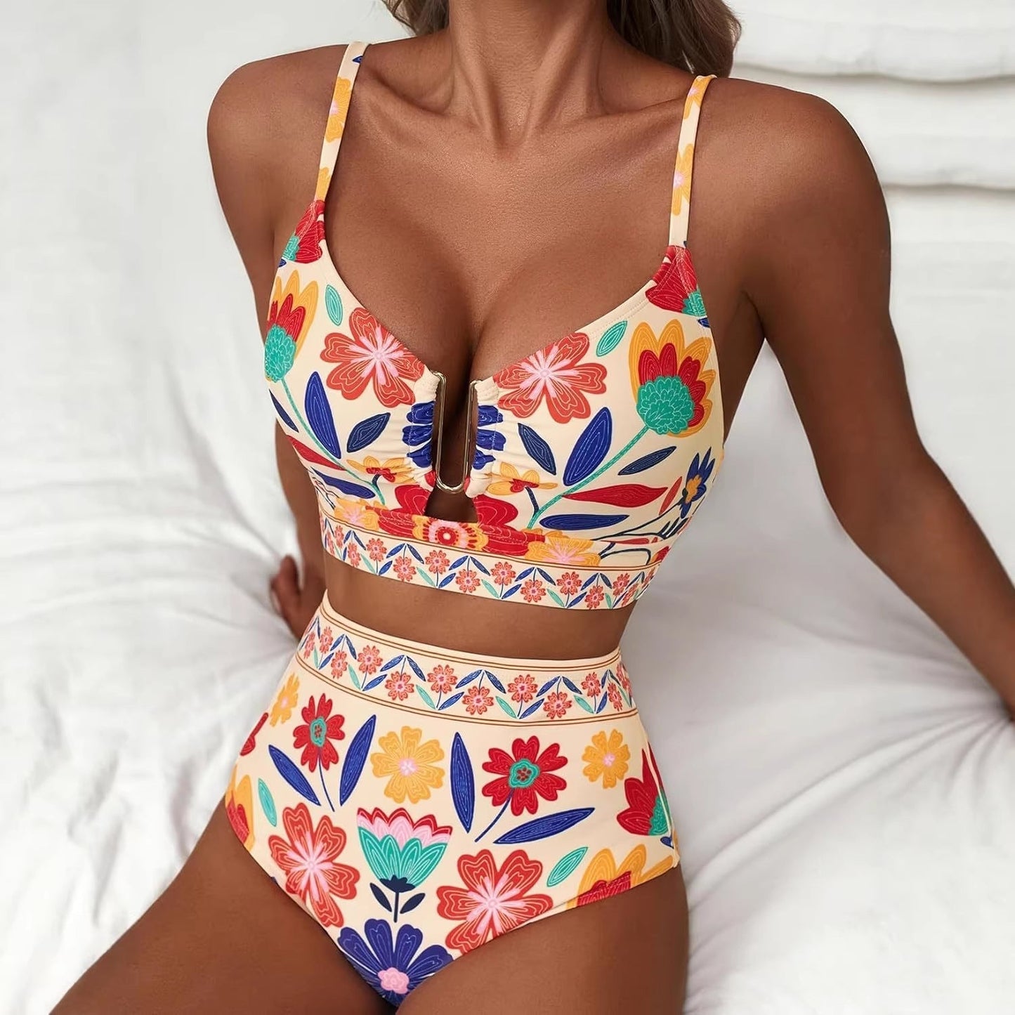 Women's Floral Print High-Waist U-Wire Bikini Set