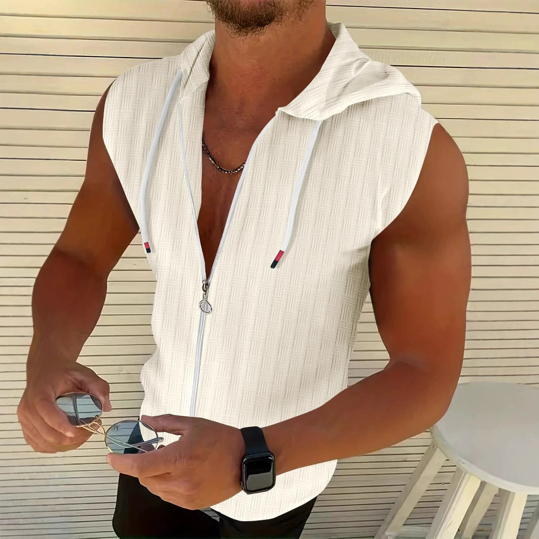 Mens Stylish Sleeveless Hooded Zip-up Cardigan