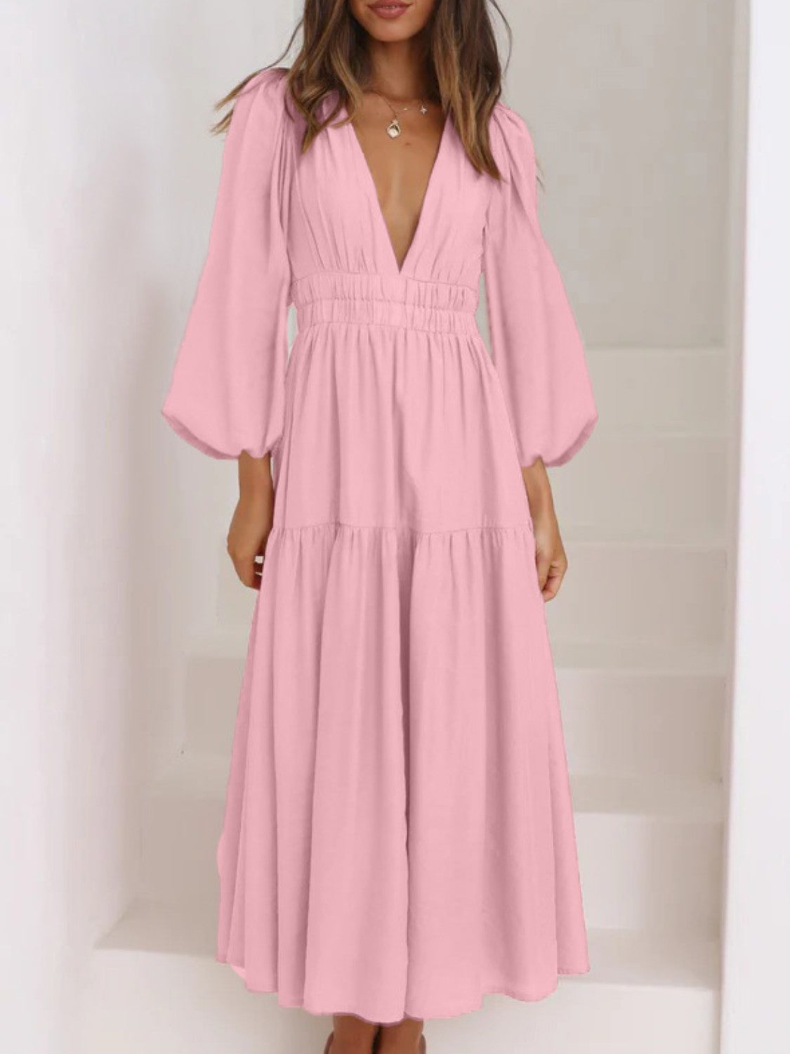 Lightweight Deep V-Neck Balloon Sleeve Maxi Dress Elegant & Flowing Silhouette Unique Dress