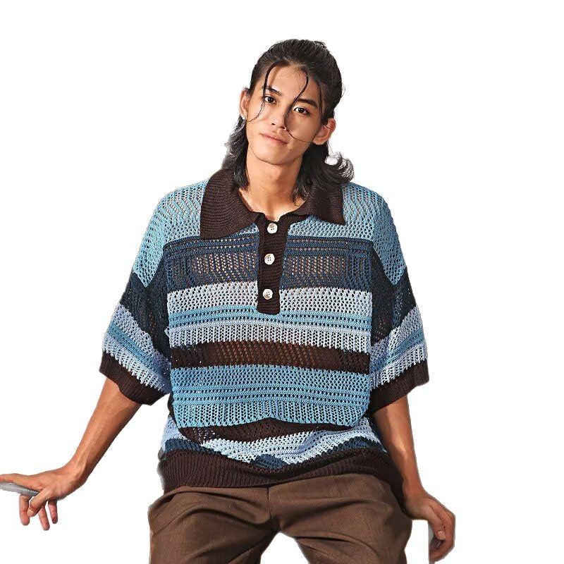 Color-block Striped Hollow-out Knit Retro Lapel T-shirt
