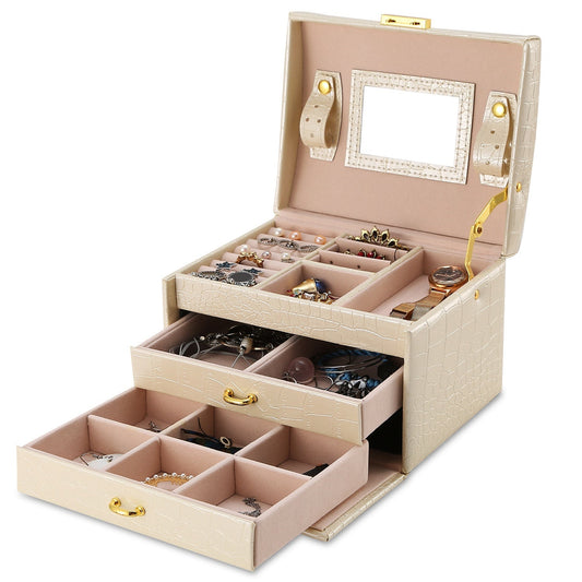 Schmuckkästchen-Organizer, 3-lagig, abschließbar, Reise-Schmuckbox, PU-Leder-Aufbewahrungsvitrine mit Spiegel, schützend für Armbänder, Ohrringe, Ringe, Halsketten