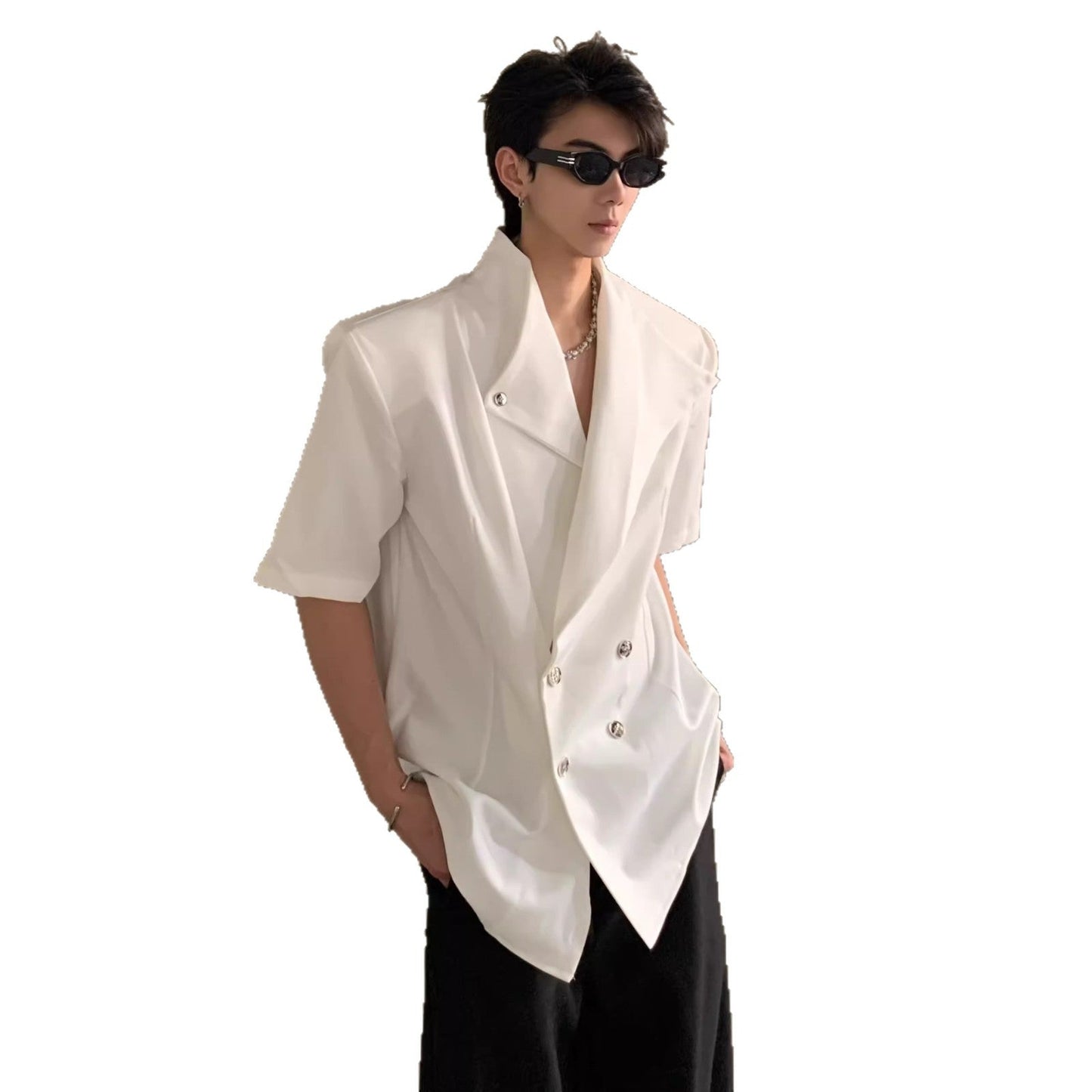 Mens Irregular-Design Shoulder-Padded Summer Shirt