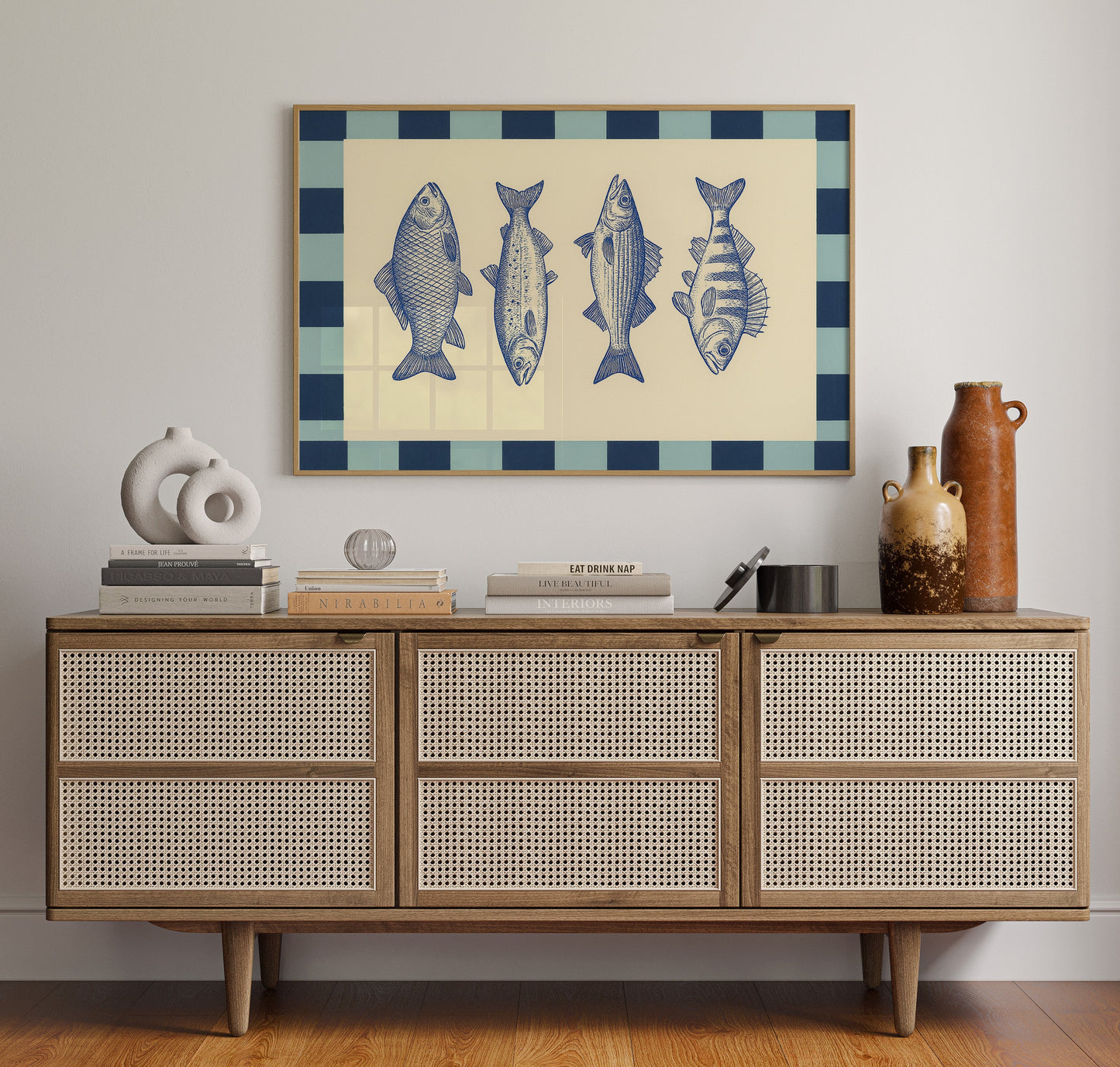 Quatuor de poissons vintage sur un damier bleu